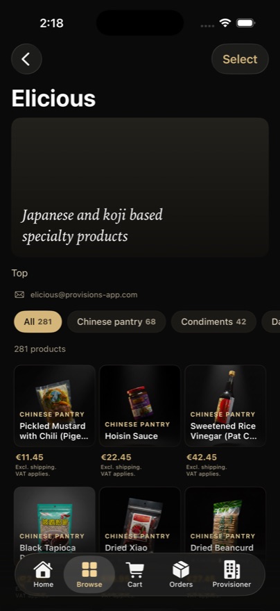Provisions chef app — supplier catalogue with 281 products